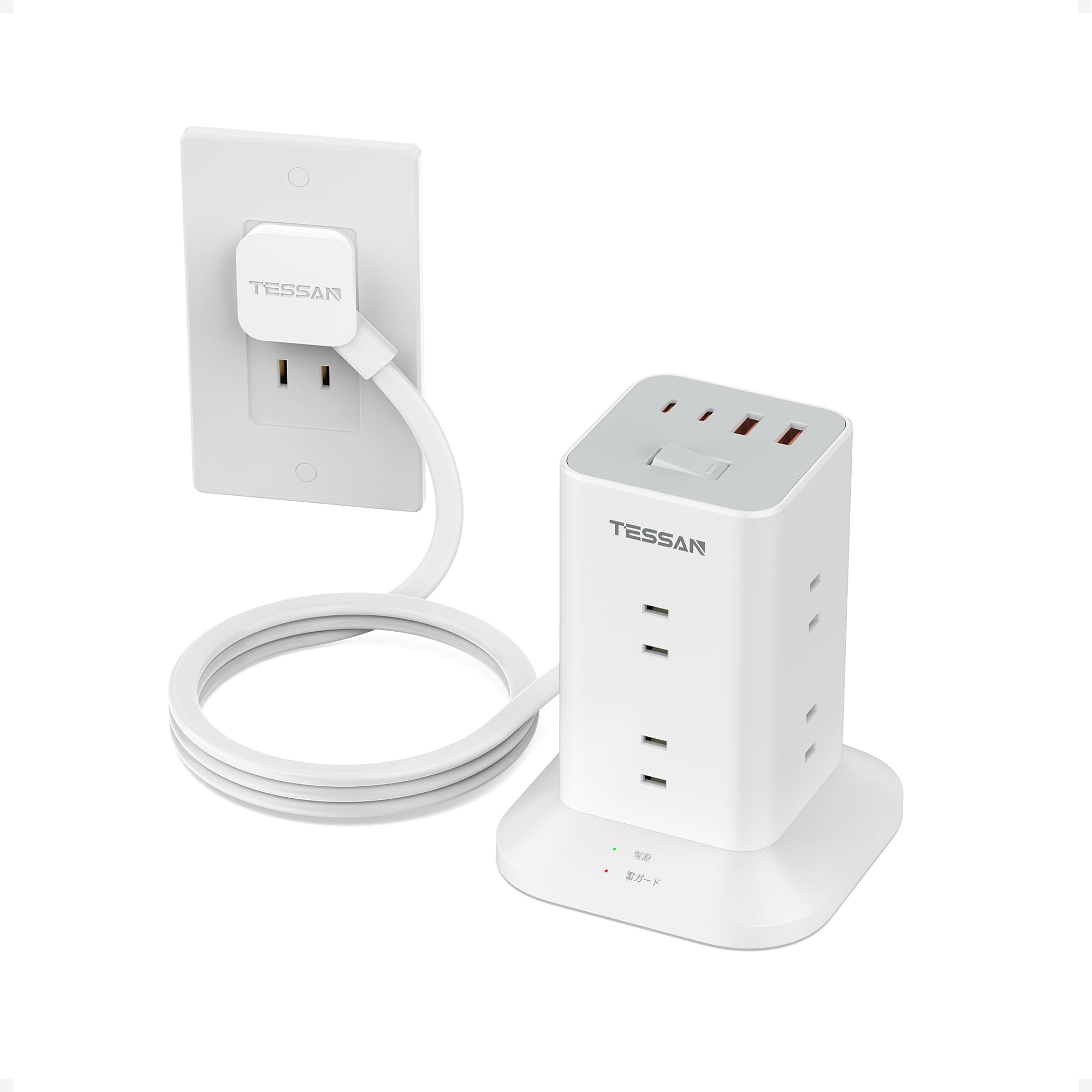 【数量限り】TESSAN 電源タップ タワー型 延長コード 2m 薄型プラグ 8個AC コンセント USBポート4個(Type-A/C) PD20W テーブルタップ たこあしコンセント タコ足配線 マルチ OA 雷ガード 一括スイッチ 省エネ mini型 おしゃれ