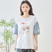TRUBE スパンコールデコプリントデニム袖Tシャツ【M~L】ホワイト