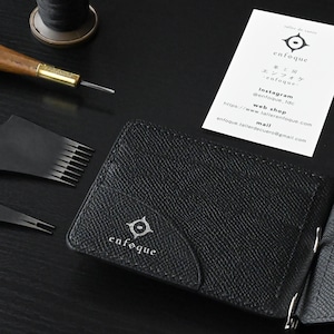 手縫い仕立てのマネークリップ財布【薄型 】 黒桟革&フレンチカーフレザー ブラック