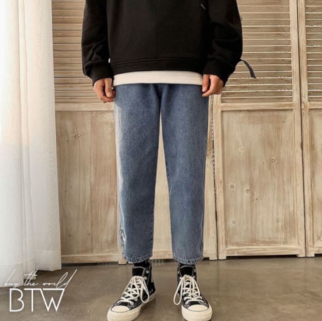 【韓国メンズファッション】デニム ハーランパンツ 無地 クロップド丈 ゆったり カジュアル BW1777