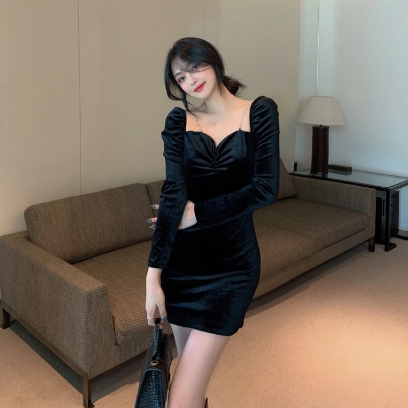 ベルベットドレス スカート オータムウィンターブラックスタンダード長袖スリーブ ロング レトロ 秋物 冬物 ブラックストロベリース66790678360