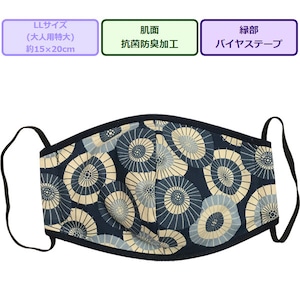 和柄プリント立体布マスク1枚 バイヤス蛇の目 紺 LLサイズ(約15×20cm) 大人用特大 安心の日本製 ハンドメイド 裏地ガーゼ 綿100% 大きいマスク ネイビー
