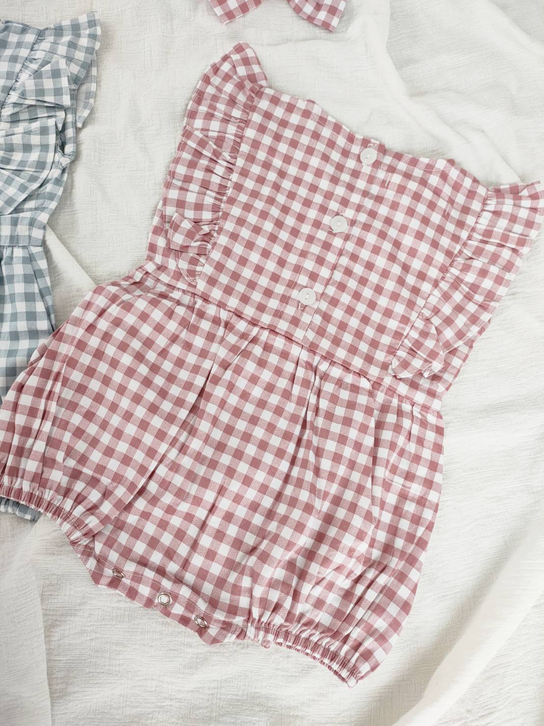 Butter nut/KAIA romper 0m-18m/ヘアリボン付きギンガムチェックロンパース