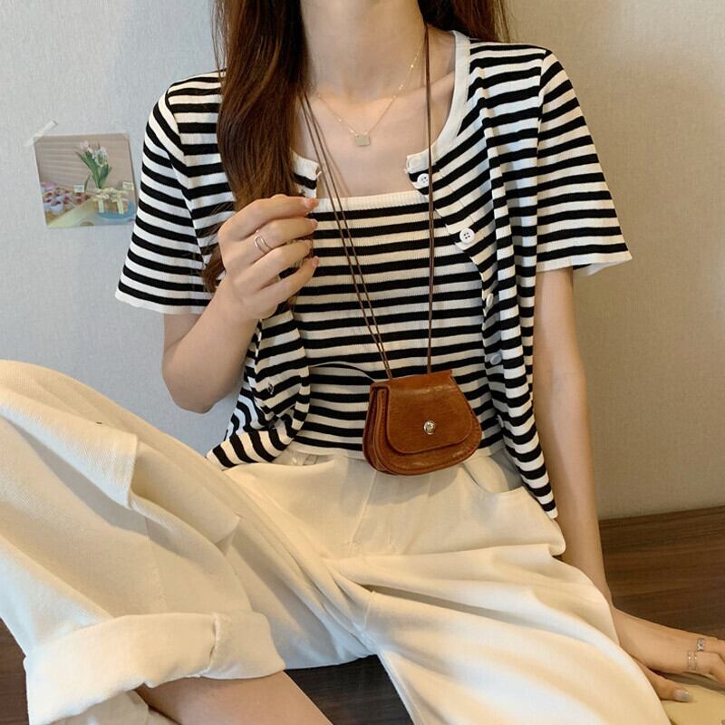 ストライプTシャツ シャツ サマースタンダードルーズショートニットカーディガン レトロ 大人ガーリー スウィート キュート カジュアル 夏物 ガールズファッション9674606704