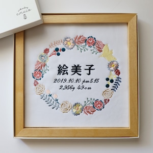 【受注製作】刺繍命名書 / カラフル（フレーム・箱付）　出産祝い・初節句・ひな祭り・誕生日・ウェルカムボード