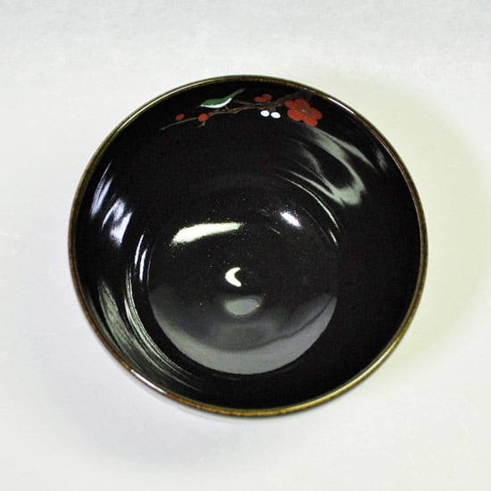 抹茶碗 黒釉 紅白梅にうぐいす | 京焼窯元 橋本城岳