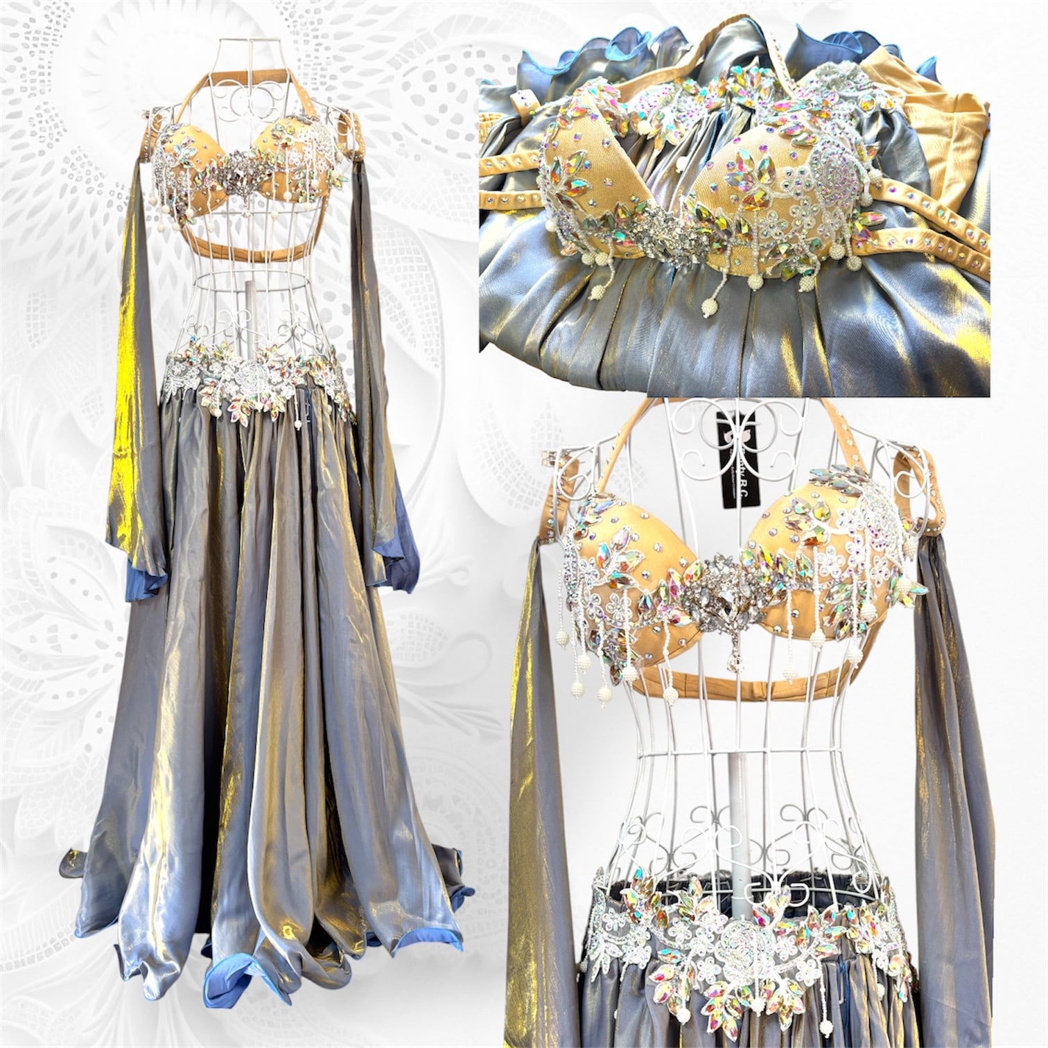【新品・新作】ベリーダンス衣装 珍しい偏光タイプ グレーと金色 豪華ビジュー Fanty Bellydance Costumes