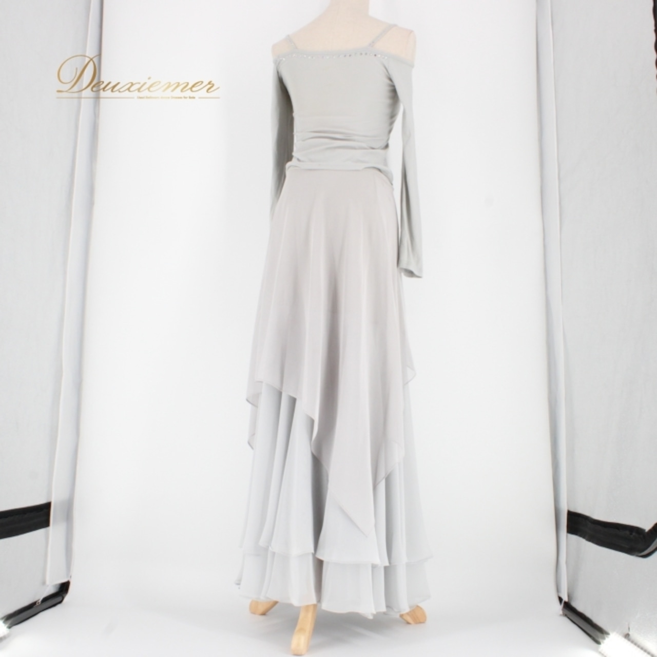 社交ダンス 衣装 スタンダード 上下セット ツーピース レッスンウェア パーティ衣装 Create-Sun クリエイトサン ラインストーン グレイ系 上質 ライトグレー 伸縮性 ウエストゴム ポリエステル フォーマル ダンスウェア ショー衣装 発表会 レッスン用 レディース おしゃれ セットアップ