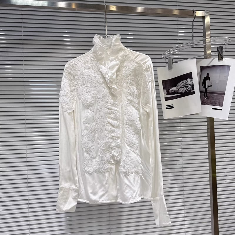 【tops】スタントカラー刺繡柄レースシャツ Q7751