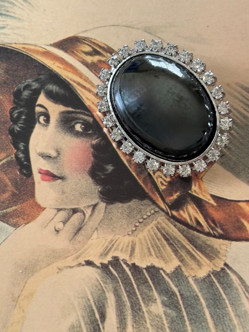 30mm チェコ Vintage ボタン ガラス×メタル×ストーン オーバル型 アクセサリーパーツ カルトナージュ デコレーション材