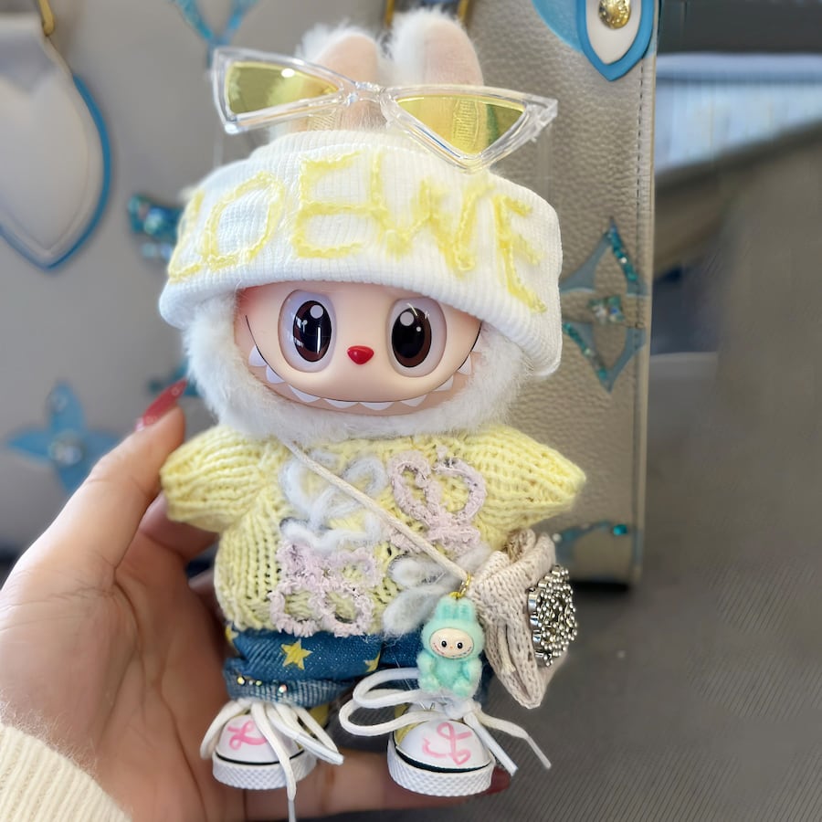 高級感のあるおしゃれ!labubu ラブブ秋冬ドール服 ホワイト&イエロー 温かみ配色 15cm/17cm おしゃれ プレミアム かわいい