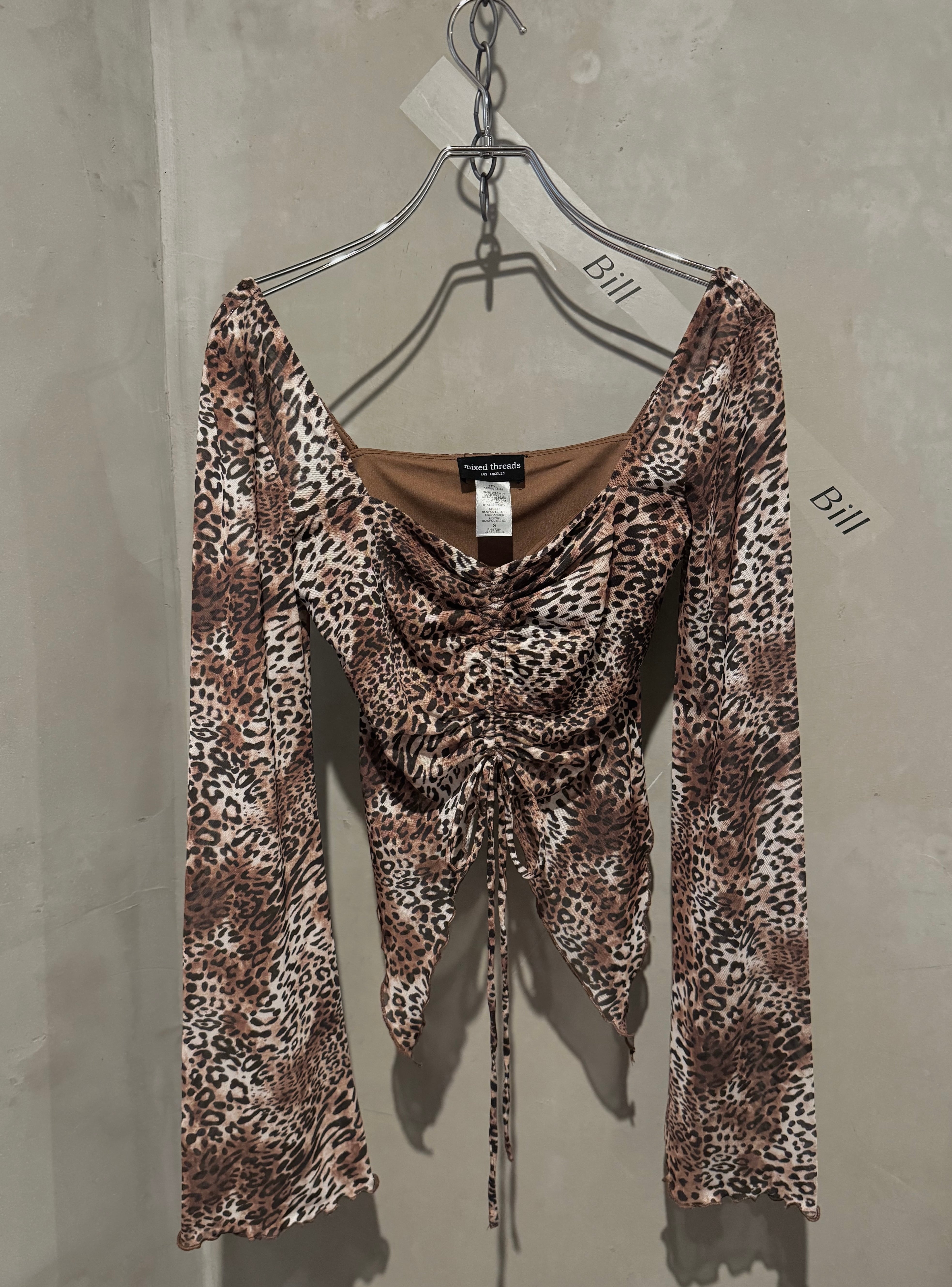 leopard shirring ribbon blouse