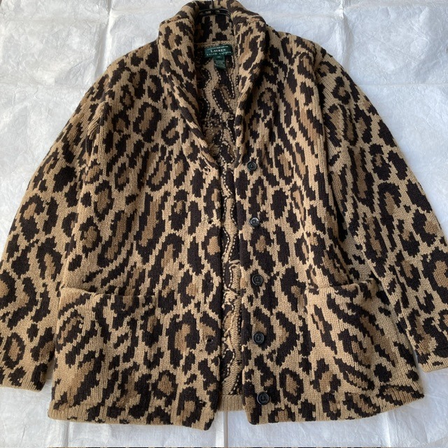 Ralph Lauren ラルフローレン ハンドニットカーディガン 90s レオパード柄 ラムズウール100% ブラウン ヴィンテージ古着 M 画像2