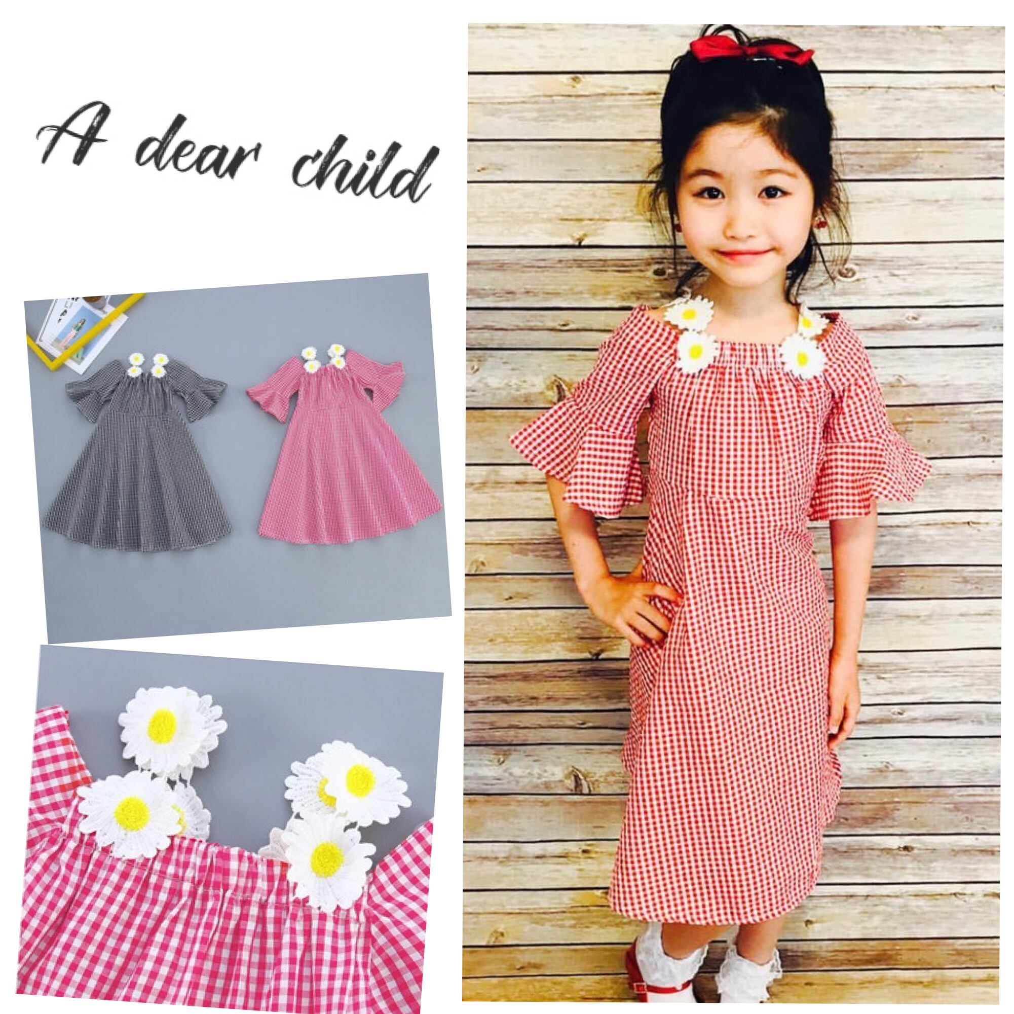 ママサイズ有 デイジー 肩開き ギンガムチェック ワンピース 110 150cm ママサイズ 2カラー 可愛い 大人っぽ 人気 デザイン フレア 半袖 夏服 膝丈 19s S 韓国 子供服 女の子 ガールズ キッズ P170 A Dear Child