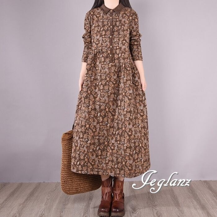 2色 ライト キルティング プリントワンピース 襟付き ボタン ポケット (MB420)λ