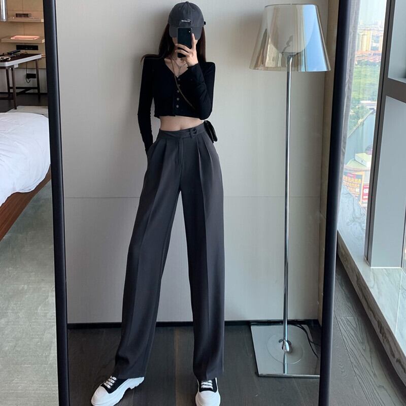 パンツ オータムハイウェスト薄手ブラックカジュアルルーズ 秋物 ガールズファッション50410938764