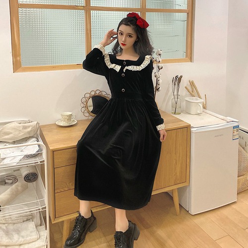 ✞ スタンダードゴールドベルベットブラック♡★♥カワイイ♥ ロング レトロ レース ✞ゴスロリ SM ミリ 甘ロリ クラロリ 和ロリ エレガント 黒ロリ 姫ロリ 華ロリ BB-BB23413287653