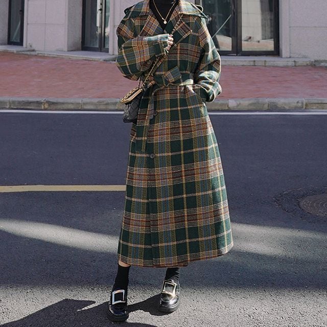 オリーブグリーン ロングコート チェック柄 予約販売】チェック柄コート レディース ロング丈 グリーン 大人可愛い