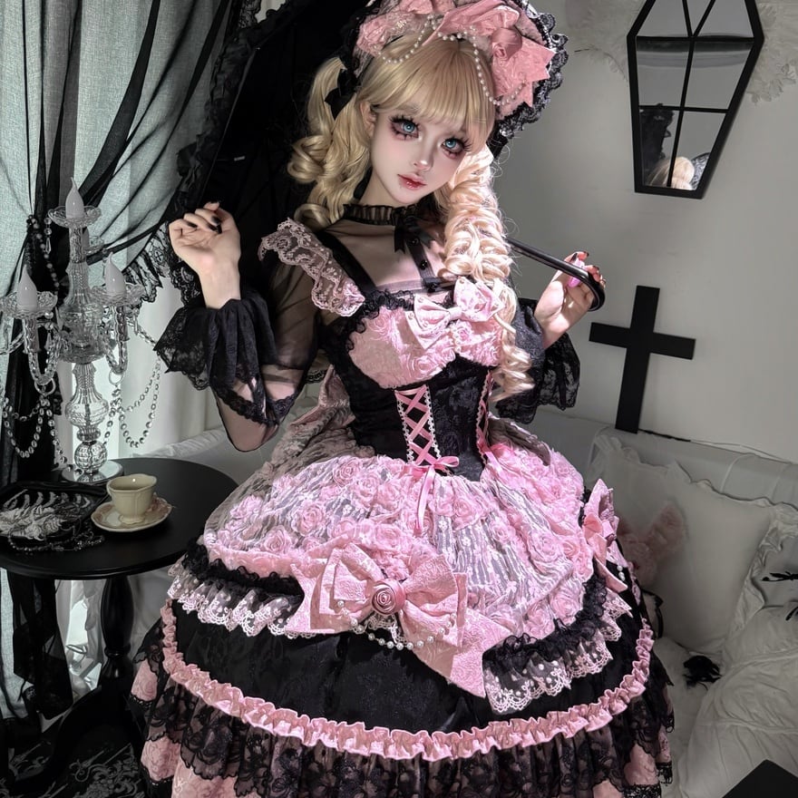 薔薇姫の深紅夜会 ローズボンネットバックリボン付きゴスロリ3点セット