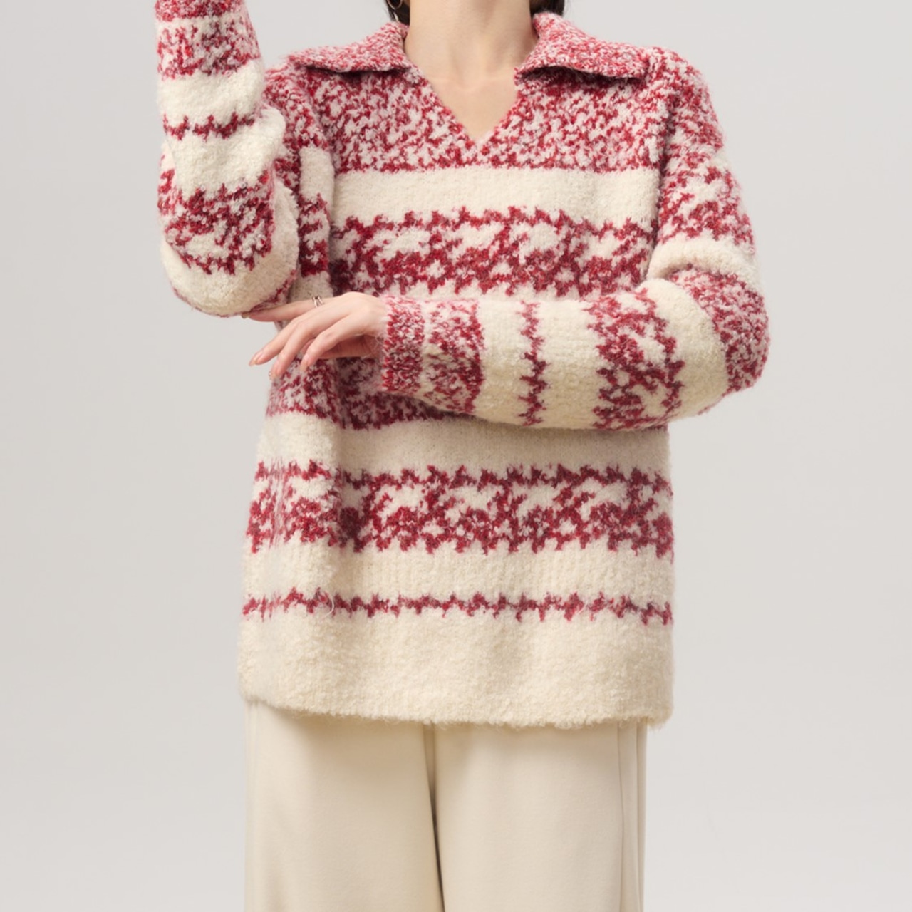 フェアアイル柄ボーダージャカードVネックニット H0063