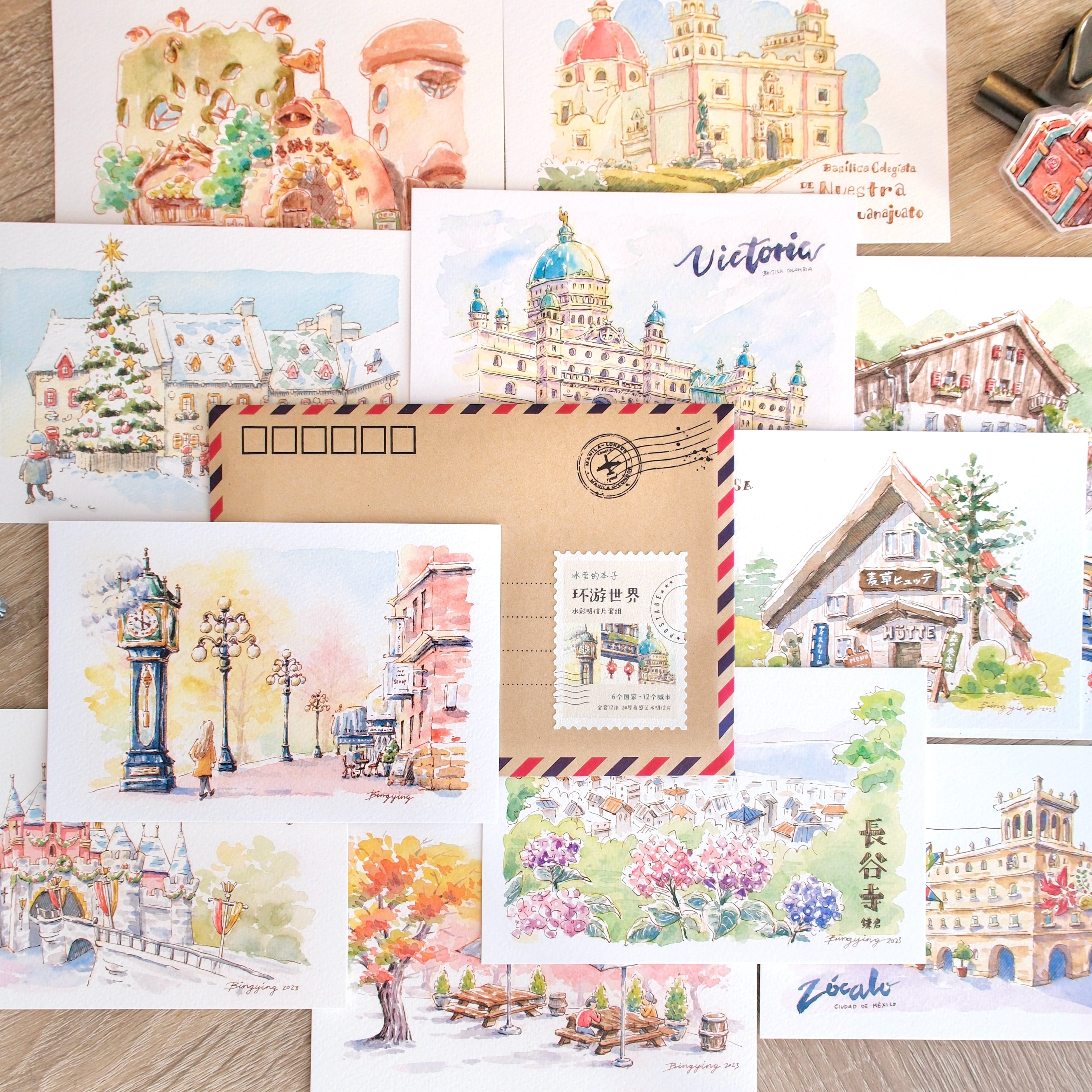 世界旅水彩ポストカード・人気デザイン12枚セット / Watercolor
