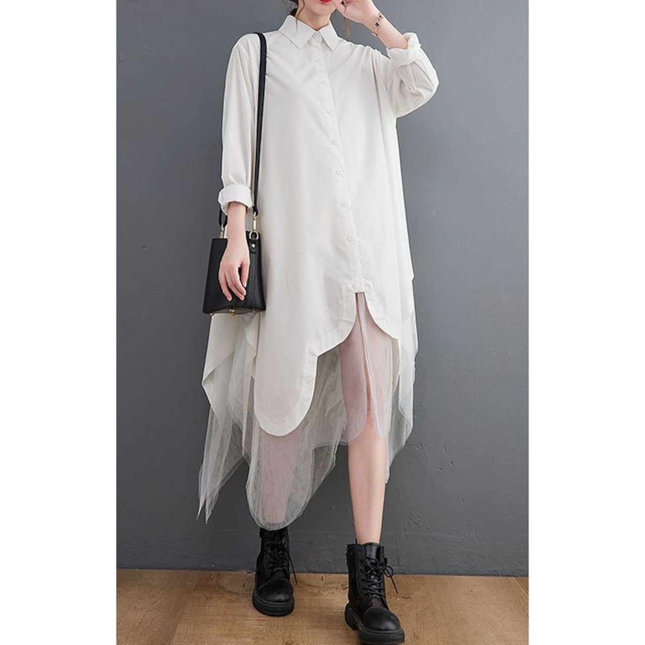 レイヤードチュール ロング シャツ 00177