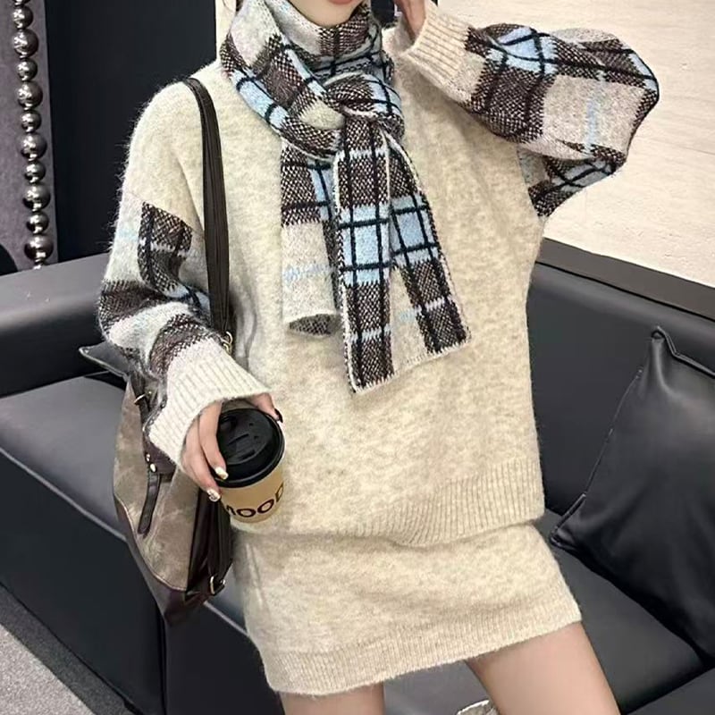 【set】チェック柄マフラー×ニットトップス×ミニスカート3点セット Q7865