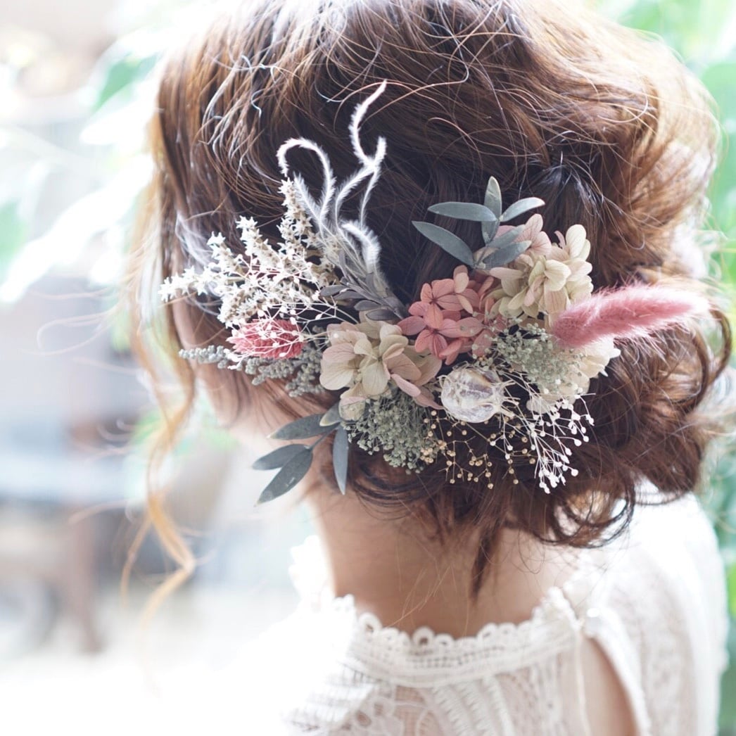 ヘッドドレス　ホワイト　ベージュ　ウェディング　ドライフラワー　結婚式　和装　花