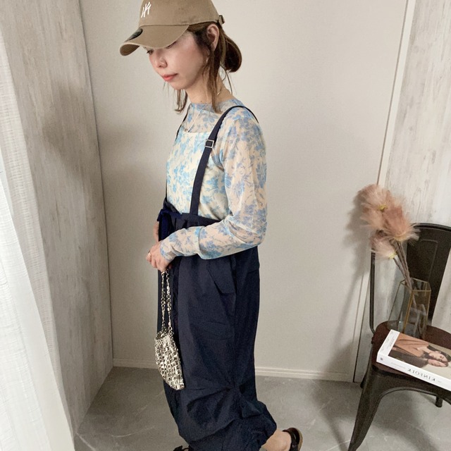 flower pattern sheer tops × camisole SET【Blue】