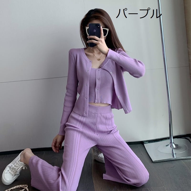 セットアップ レディース トップス ベスト パンツ 3ピースセット リブ