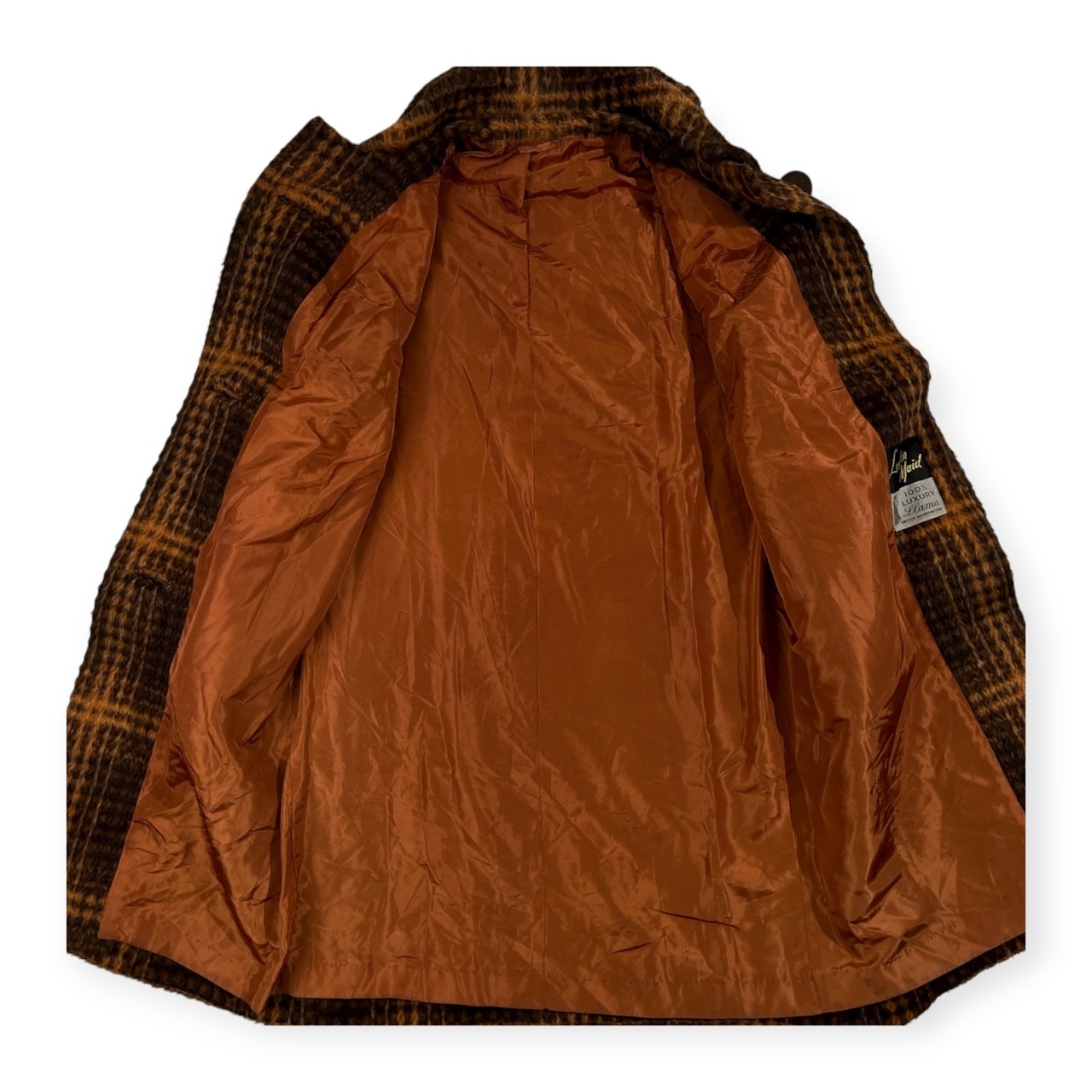 希少 レア LUXURY llama ラグジュアリー ラマ100% London Maid ロンドンメイド チェック柄 毛皮 ファー オーバー コート /ビンテージ/オレンジブラウン系