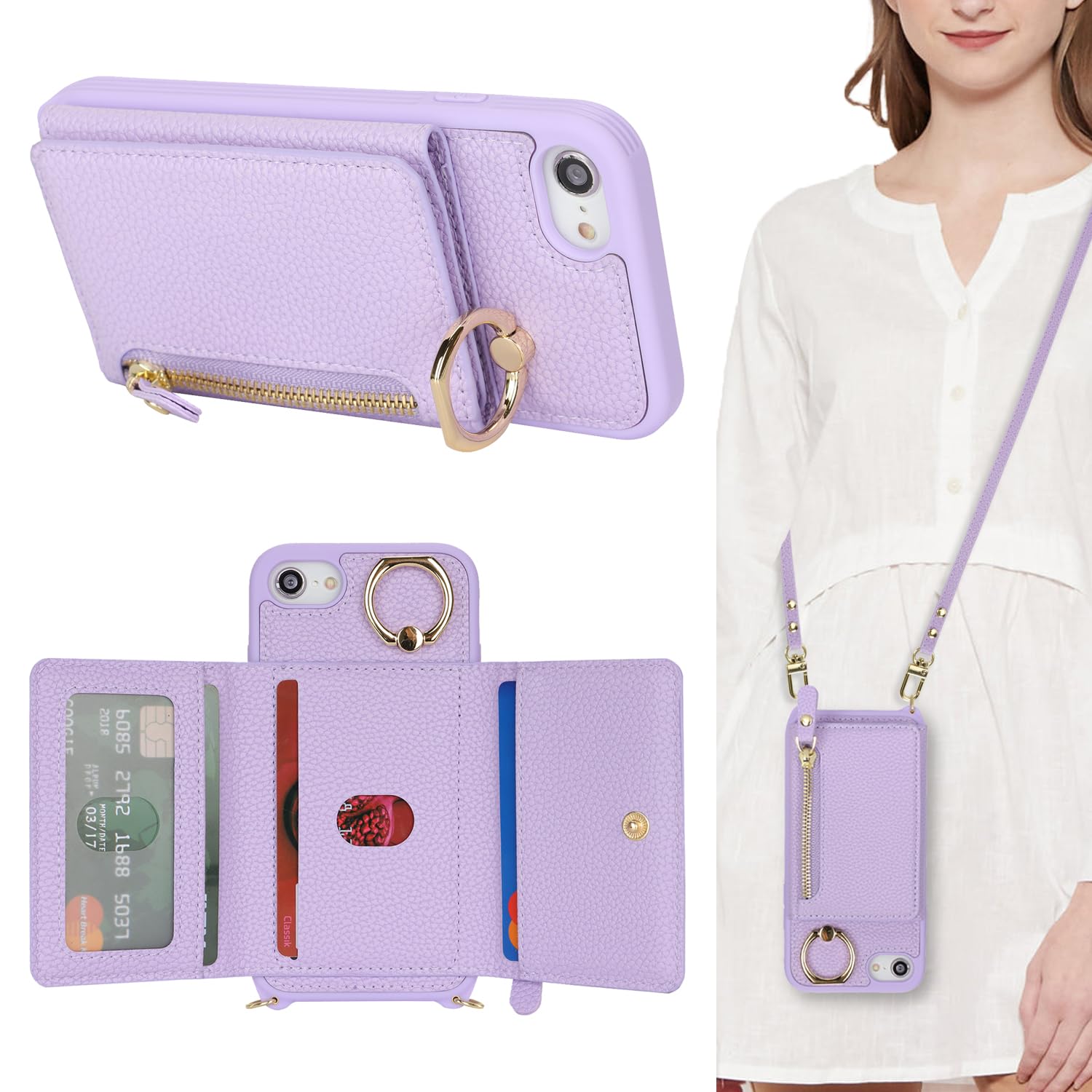Pelanty for iPhone SE 2022 第3世代/ SE 2020 第2世代 縄掛けケース 手帳型 for iPhone 7/ 8 ケースリング 肩掛け斜めがけ ショルダー 合成皮革+TPU マグネット 財布型カバー ICカード お札入れ小銭入れ 収納ポケット スタンド機能 アイフォンSE2/SE3/7/8 携帯背面カバー ストラップ付き パープル
