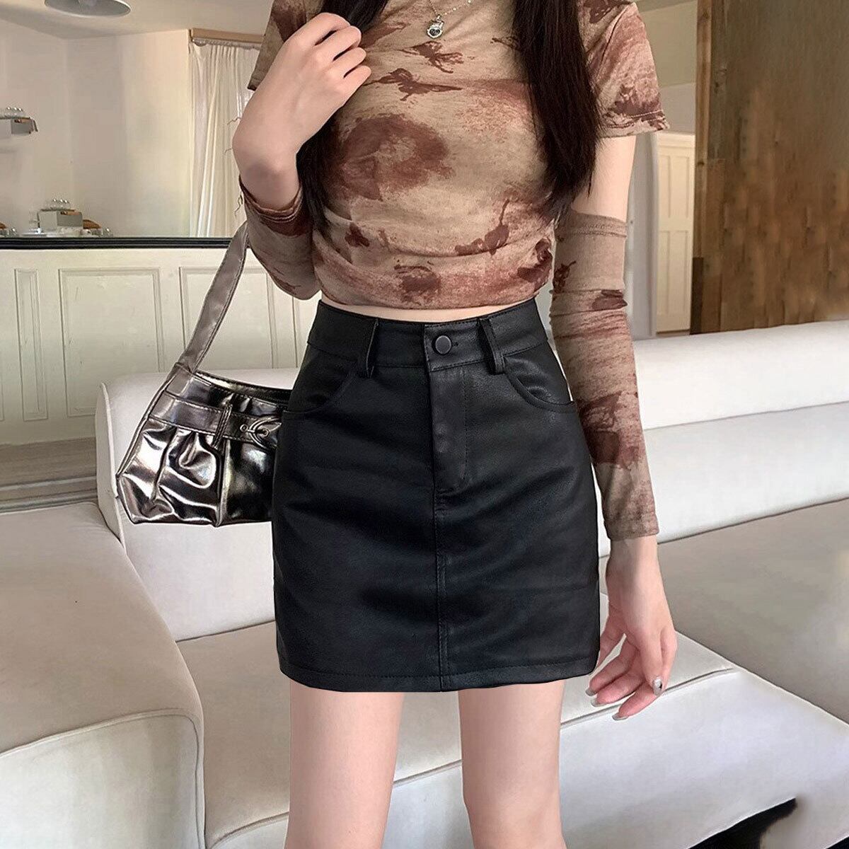 ミニスカート PUレザー ハイウエスト レディース 春秋冬 韓国 スカート おしゃれ きれいめ 大人 カジュアル シンプル タイト 美脚 細見え 大人可愛い 大人女子
