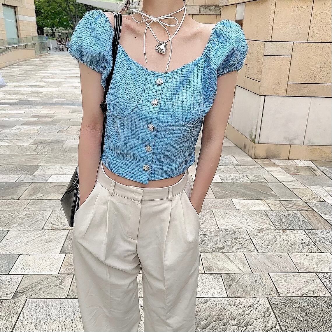 tweed puff tops / blue (7月中旬頃発送予定)