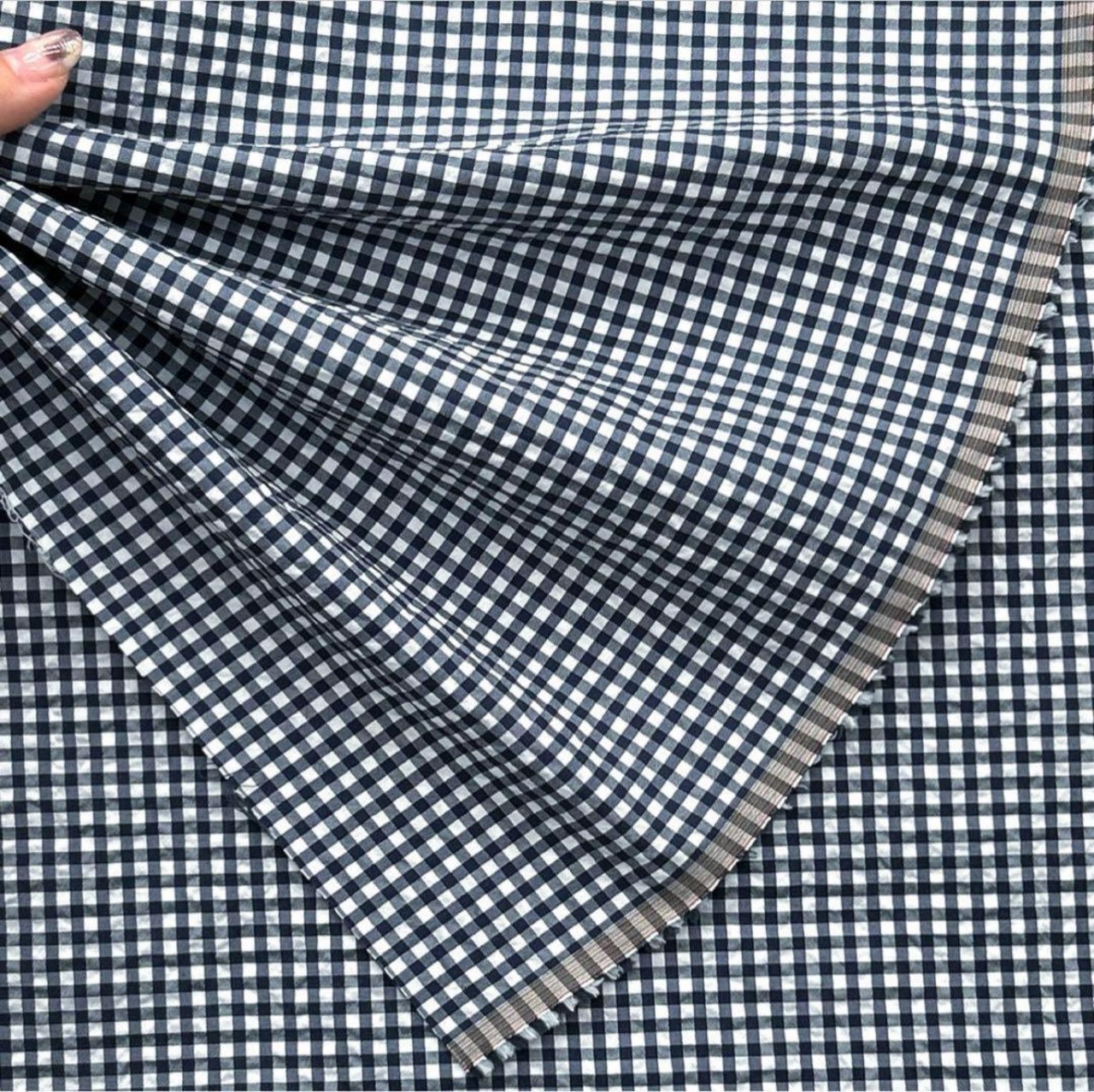 ★NY121◆3m◆綿ポリエステルリップルチェック生地◆ネイビー