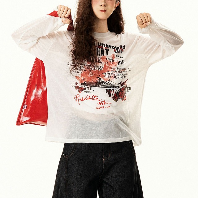 バタフライコラージュグラフィックロングスリーブTシャツ 1col R02568