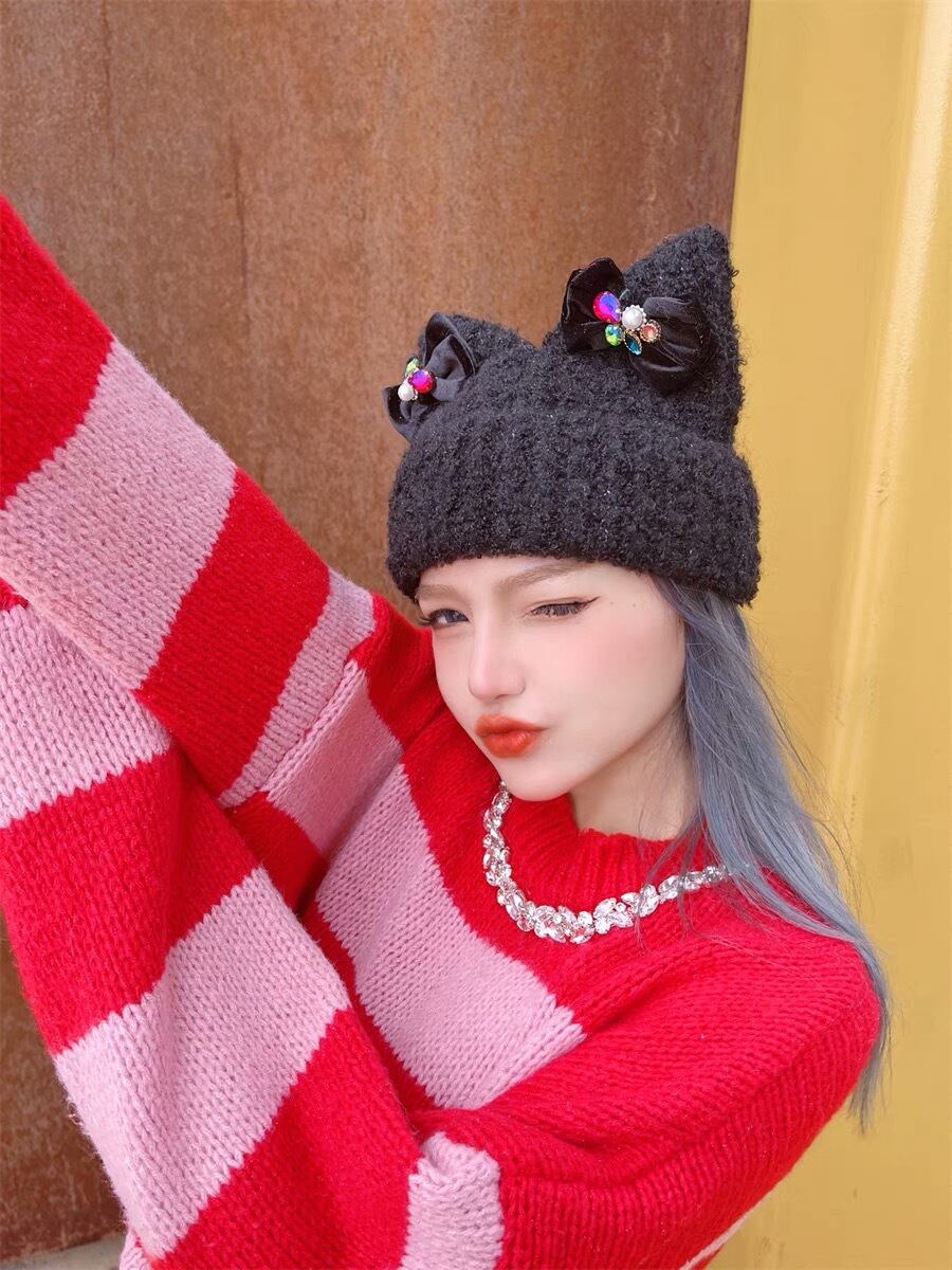 帽子 うさみみ うさぎ 猫耳 グレー ピンク ビジュー ベレー帽