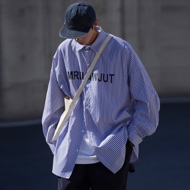 【予約販売】シャツ 長袖 トップス ストライプ柄 メンズ グレー ブルー グリーン こなれ感 カジュアル シンプル モード お洒落 こなれ感 韓国 トレンド 春 夏 秋 M/L/XL/2XL