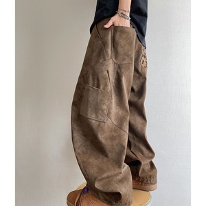 ヒョウ柄ポケットブラウンルーズフェイクレザーパンツ　1129