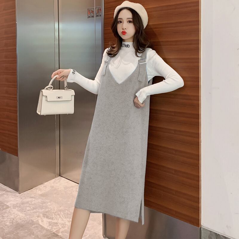 【新作】【送料無料】 マタニティウェア2020秋冬新作ニットミドル丈サスペンダースカート＋ハイネックボトミングシャツ、年齢制限のあるツーピースセット妊婦 オータム 秋物 ウィンター 冬物 expec285288965270