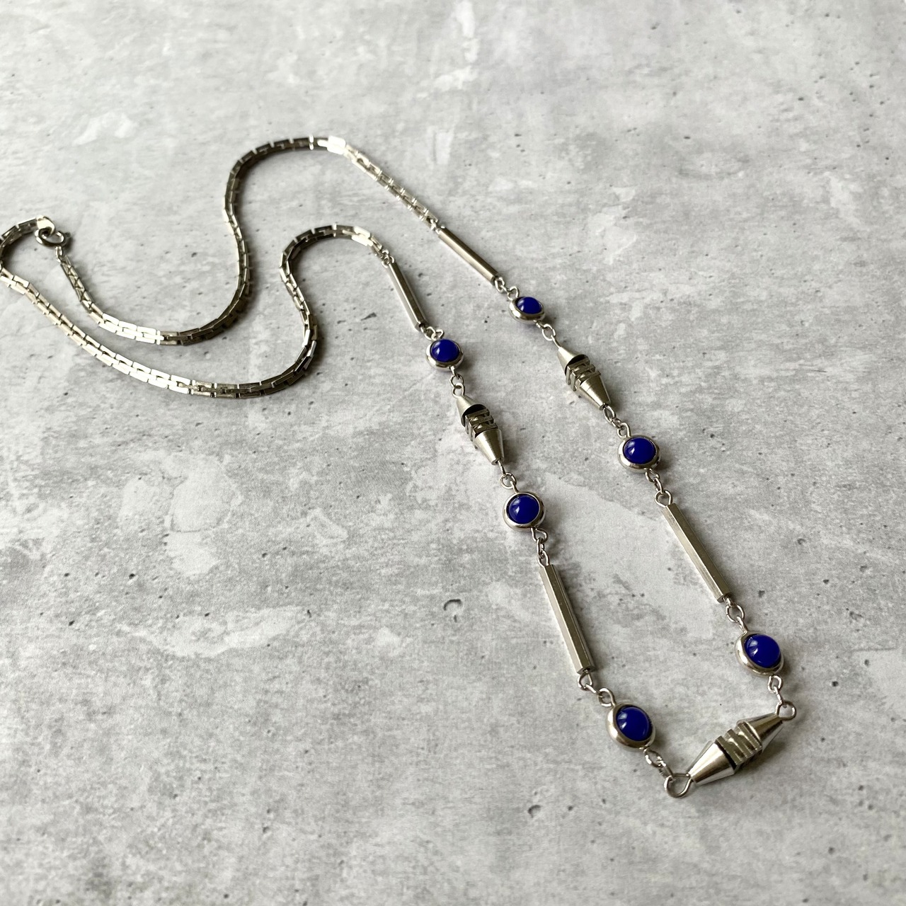 Vintage blue stone silver design chain long necklace レトロ