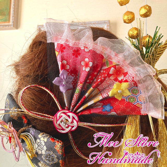 和姫チュール＆フリル扇子の髪飾り（赤系・一点物）　お祭り、成人式、七五三、結婚式、和装、和柄