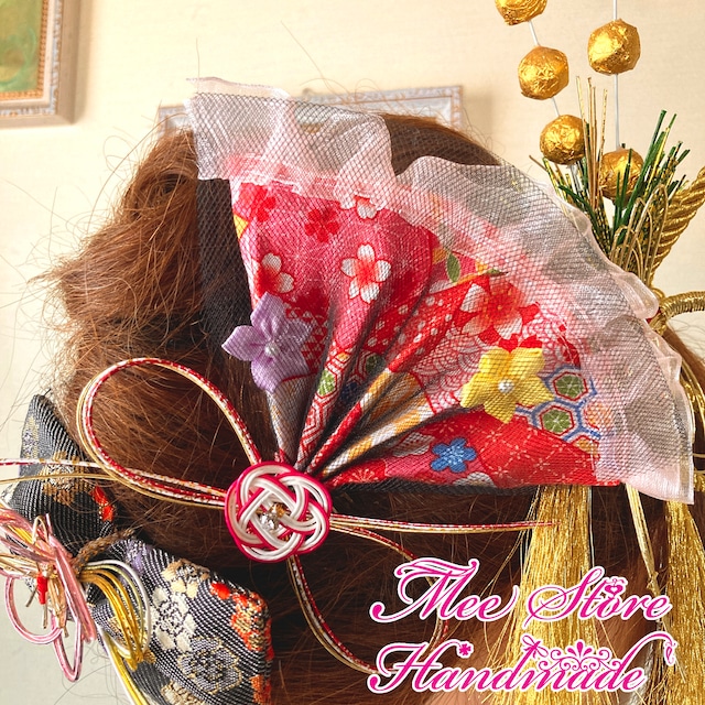 和姫チュール＆フリル扇子の髪飾り（赤系・一点物）　お祭り、成人式、七五三、結婚式、和装、和柄