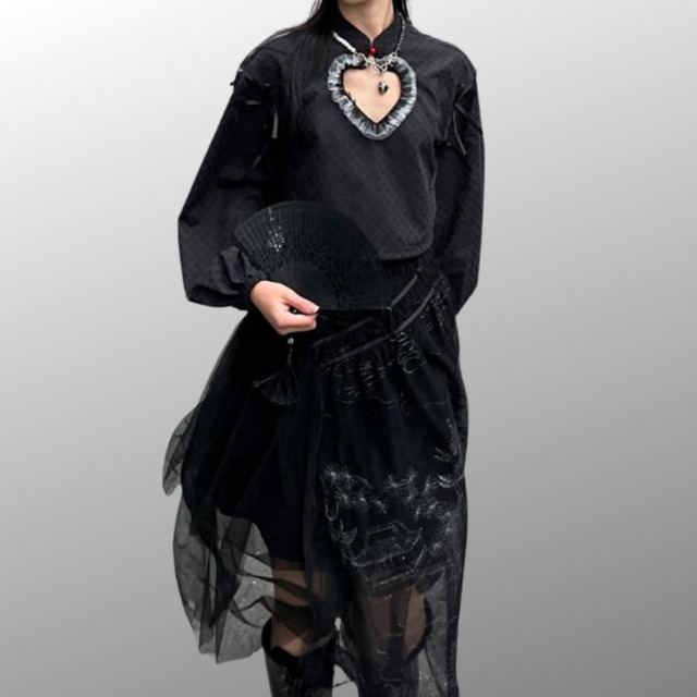 ブランド 云?斜簪シリーズ スカート シアー 透け感 アシンメトリー チャイナ風 闇かわいい 大人ゴシックチャイナ服 ストリート系｜天使と悪魔