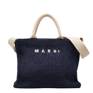 マルニ ラフィア エフェクト スモール ハンドバッグ ショルダーバッグ ネイビー アイボリー コットン ナイロン レディース MARNI 【中古】