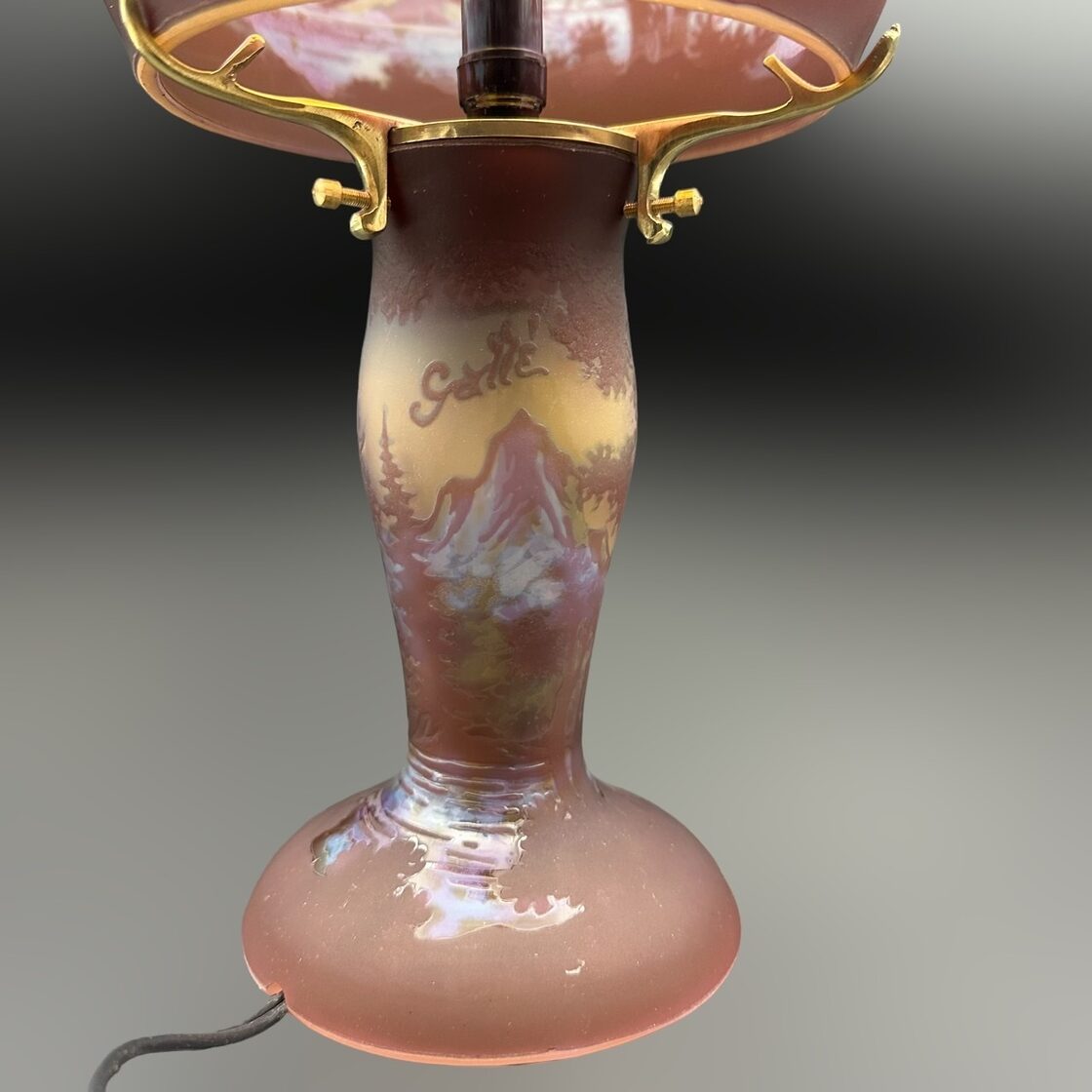 証明書】 エミールガレ 2灯 山景文 カメオ彫り 被せガラス 高さ32cm  