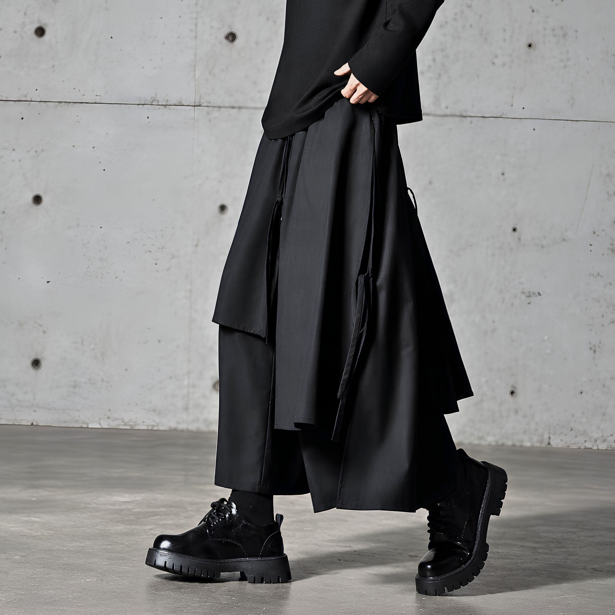 【ORV0015】Asymmetric Faux Two-Piece Culottes, Draped Pants