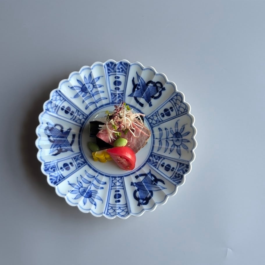 有田焼】染付芙蓉手 菊型皿18cm | 和食器のすべて