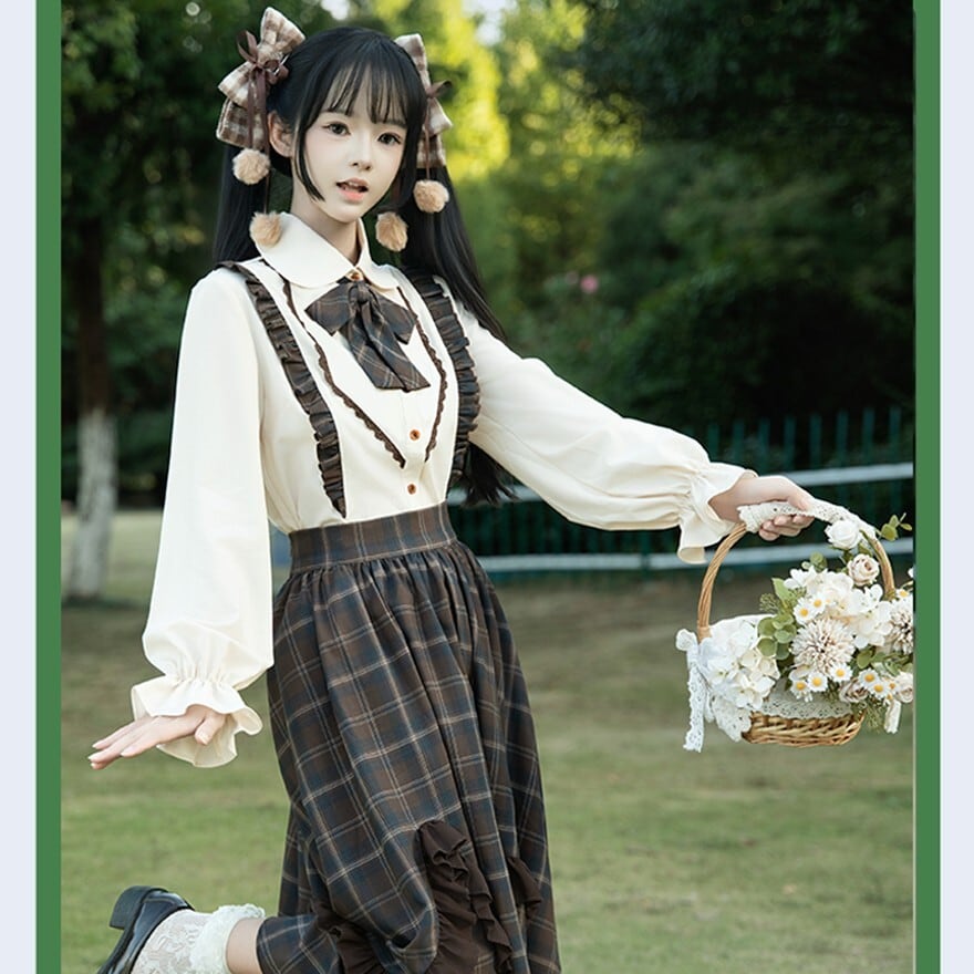 クラロリチェックリボン付きブラウス 森ガール 控えめ ガーリー