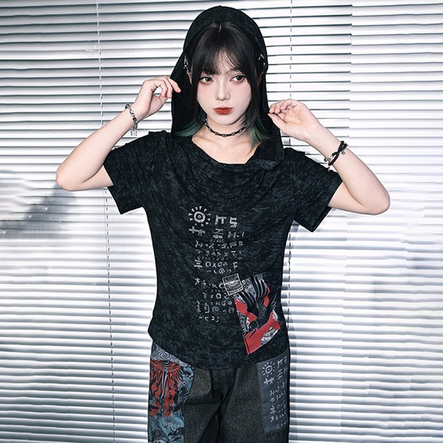 【古怪舍---心之淵シリーズ】★チャイナ風トップス★ Tシャツ 半袖 着痩せ ブラック 黒い コットン